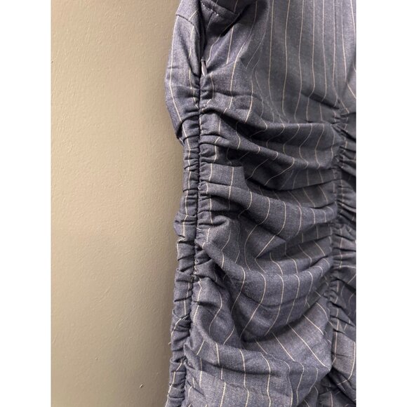 Ganni Navy Pinstripe Midi Dress With Ruched Waist & Puff Sleeves - Picture 8 of 10